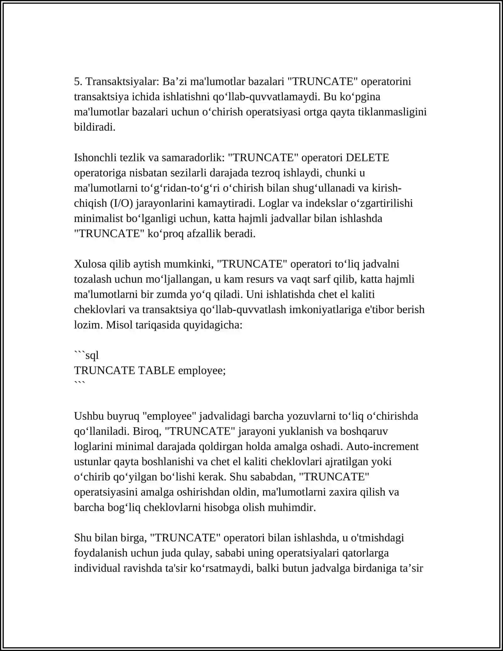 DDL GURUHIDAGI TRUNCATE OPERATORI 4
