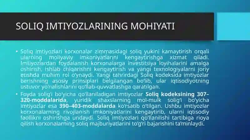 YURIDIK SHAXSLARNI SOLIQQA TORTISHDA IMTIYOZLARDAN FOYDALANISH 4