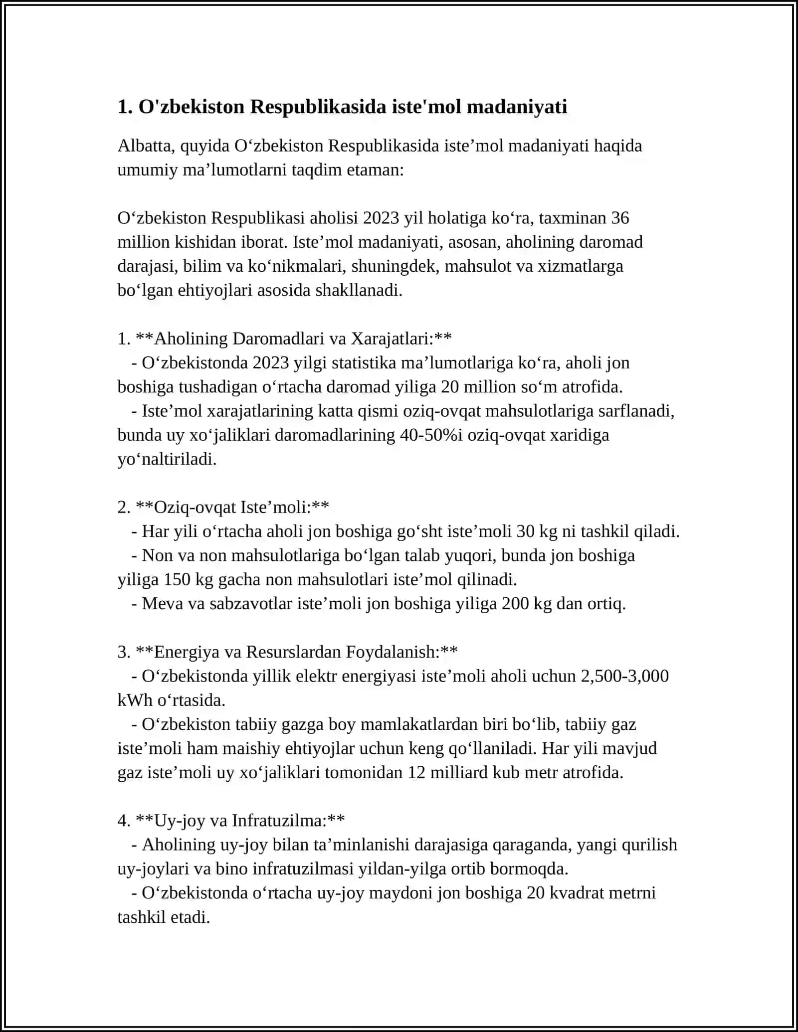 MUSTAQIL ISH Mavzu: O'ZBEKISTON RESPUBLIKASIDA ISTE'MOL VA JAMG'ARISH JARAYONLARI HUSUSIYATLARI 4