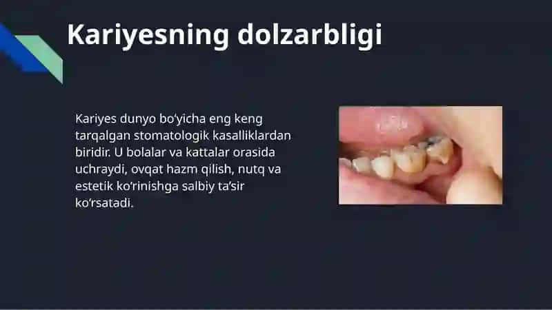 Kariyes haqida tushuncha. Ushbu mavzuda tish kariyesining kelib chiqish sabablari, rivojlanish bosqichlari, klinik belgilari, asoratlari, davolash usullari va oldini olish choralari keng yoritiladi. 4