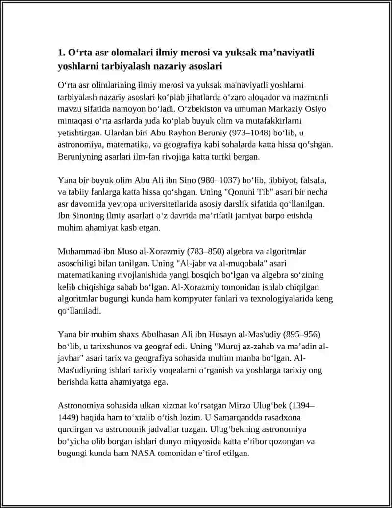 YUKSAK MAʼNAVIYATLI YOSHLARNI TARBIYALASHDA OʻRTA OʻSIYO ALLOMALARI ILMIY MEROSINING OʻRNI (ALLOMALARNING ILMIY FAOLIYATI MISOLIDA) 4