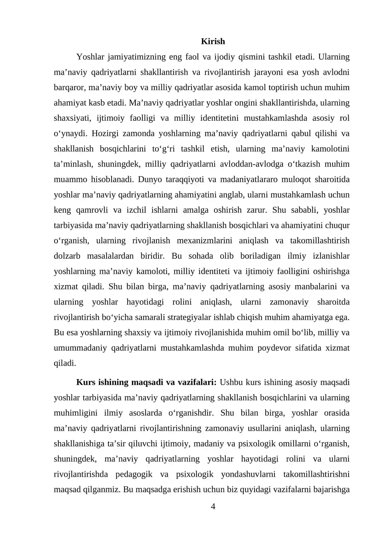 KURS ISHI Mavzu: Yoshlar tarbiyasida maʼnaviy qadriyatlarning ahamiyati va shakllanish bosqichlari 4