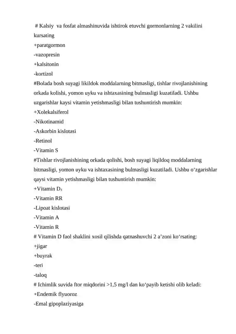 Kalsiy va fosfor metabolizmi. Mikroelementlar mavzusiga test 4