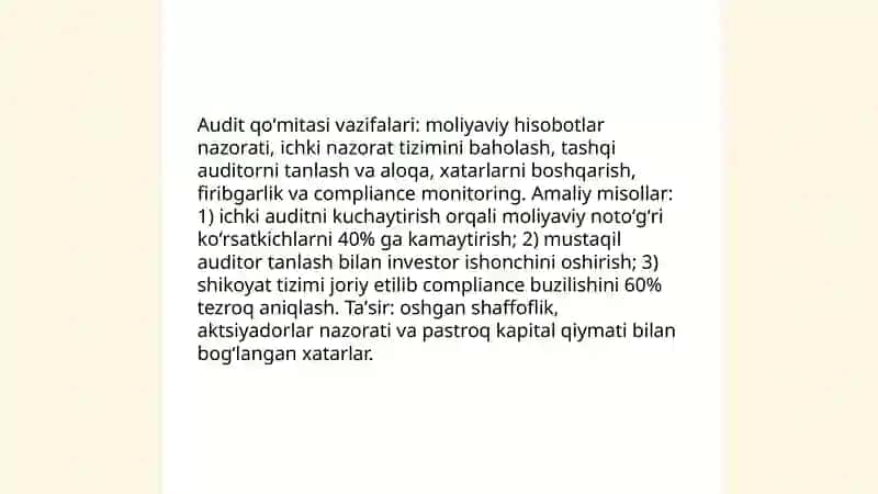 Korporativ boshqaruv va audit oʻrtasidagi bogʻlanishni misollar bilan izohlash 4