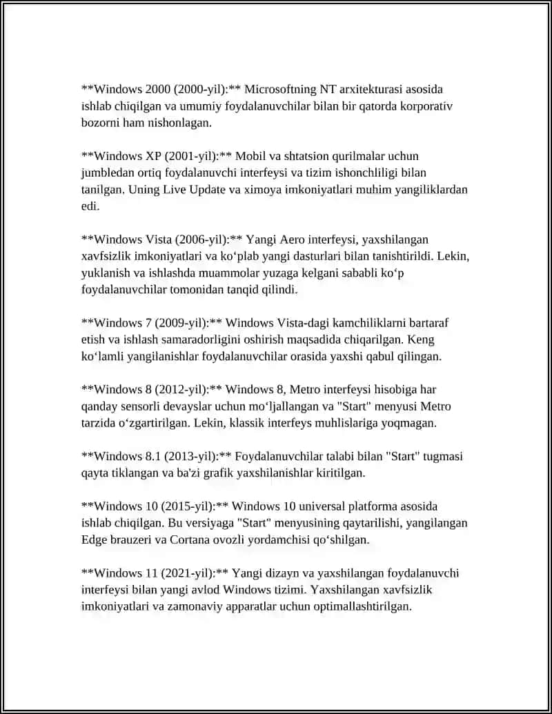 WINDOWS APERATSION TIZIMI TARIXI VA UNDA ISHLASH ASOSLARI 4