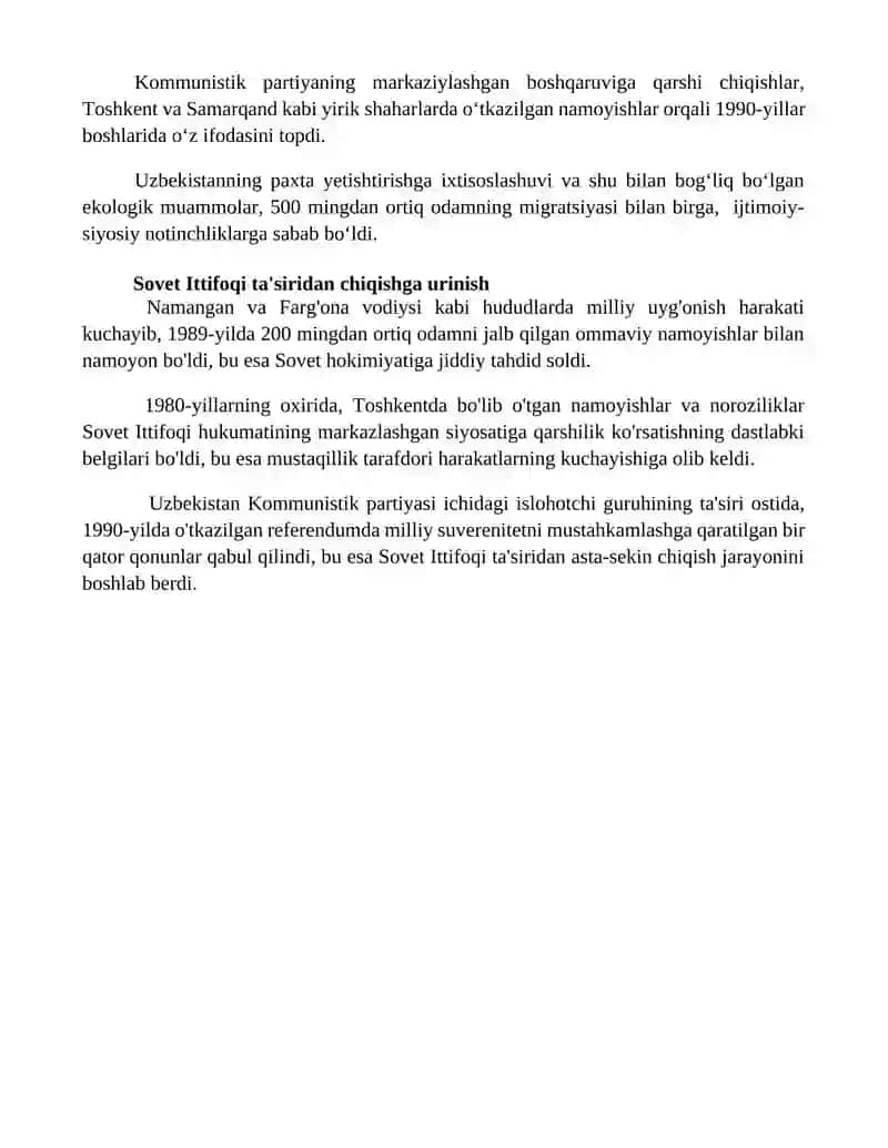 Mustaqilikka erishish arafasida Oʻzbekistondagi ijtimoiy -siyosiy jarayonlar 4