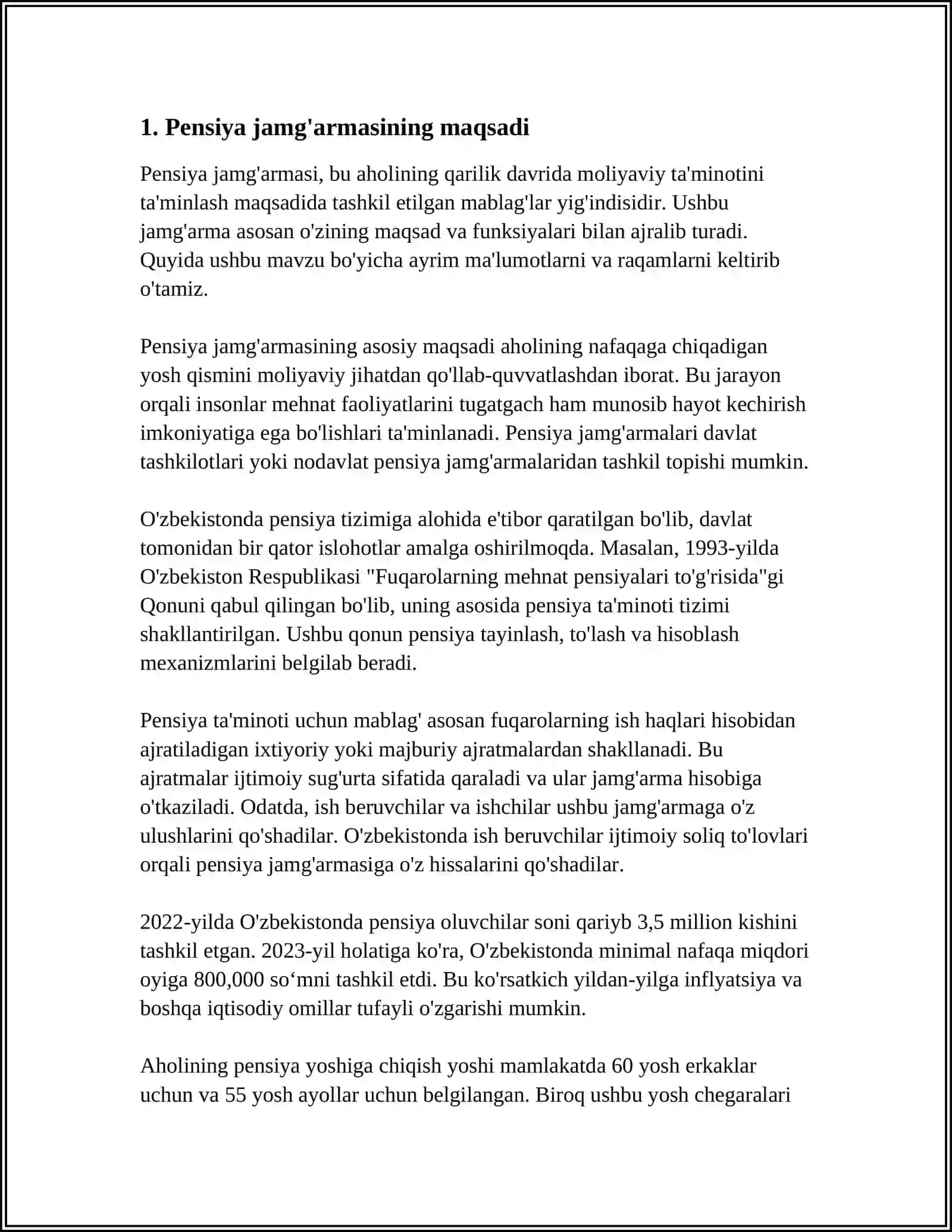 OZBELISTON RESPUBLIKASI MOLIYA VAZIRLIGI HUZURIDAGI PENSIYA JAMGARMASINING SHAKLLANISHI VA MOLIYALASHTIRISH MANBALARI 4