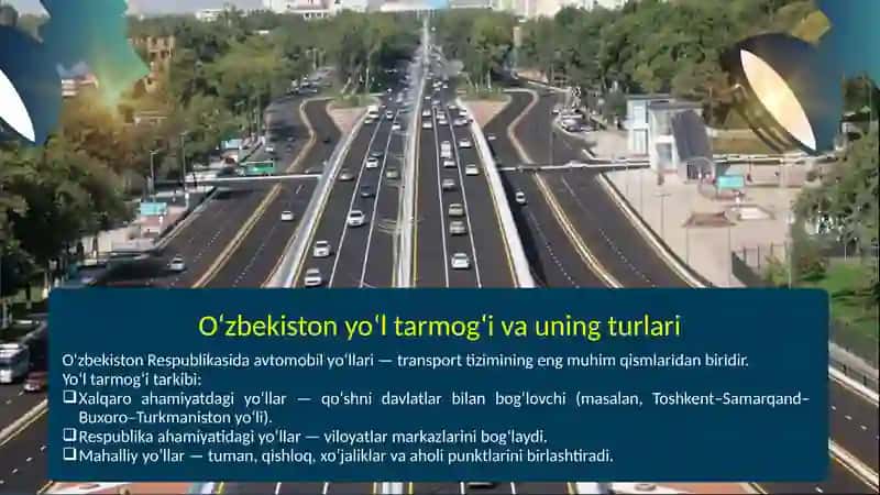 “Avtomobil yo‘llari haqida umumiy tushunchalar (O‘zbekiston Respublikasi misolida). Avtomobil yo‘llarini muhandisligida qidiruv ishlari tarkibi va turlari. Xarita masshtablari va shartli belgilar turlari.” 4