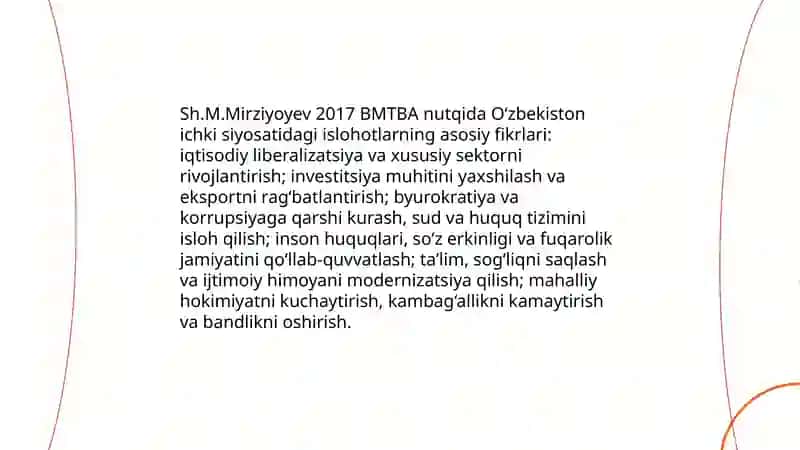 Sh. M. Mirziyoyev - 2017 yilda BMT Bosh Assembleyasining 17-sesseiyasidagi nutqi va uning mazmuni 4