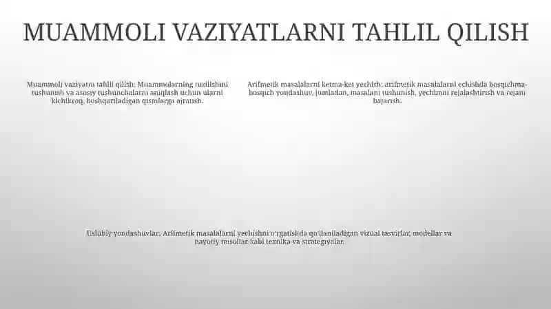 Arifmetik Masalalarni Yechishga OʻRgatishning Ketma-Ket Bosqichlari VaMetodikUsullari 4