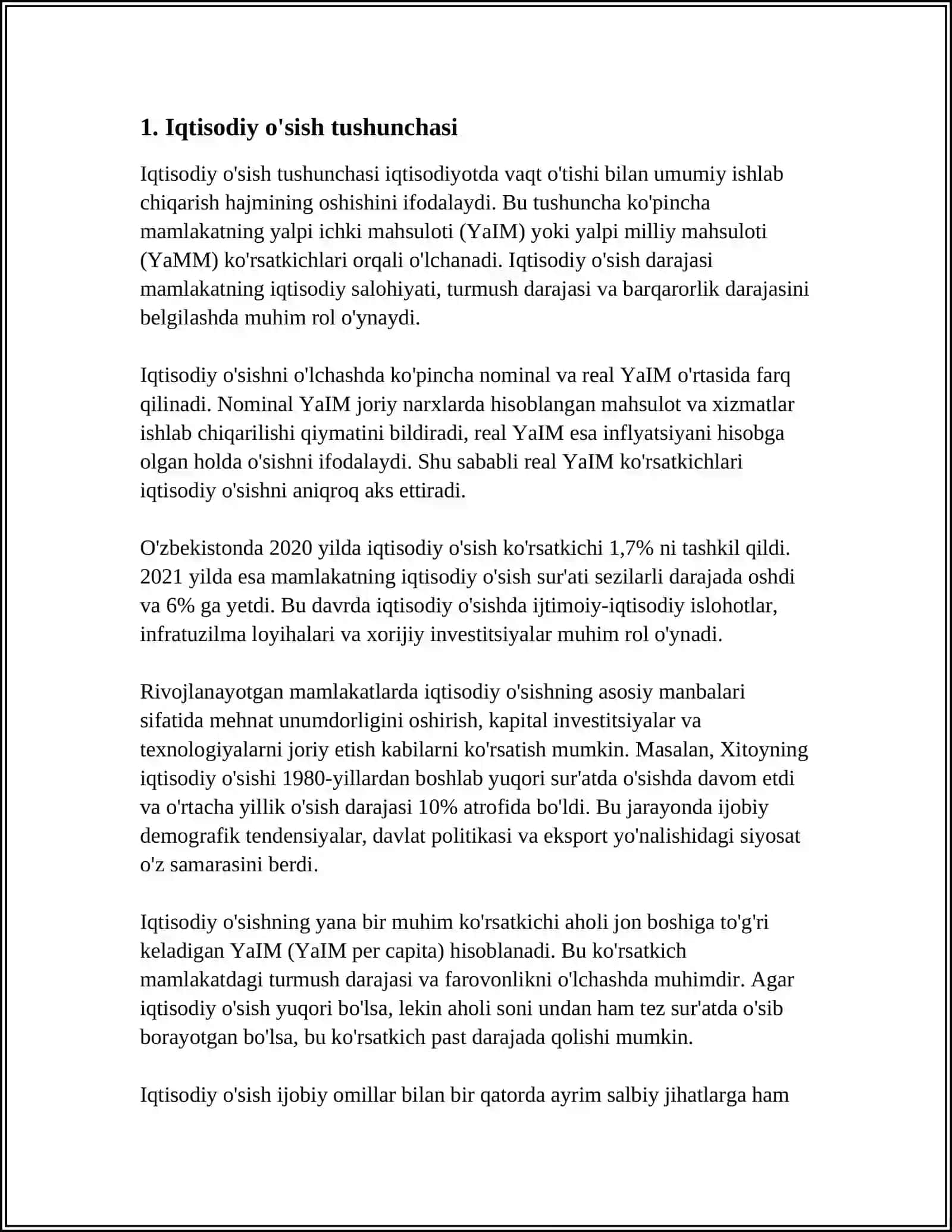 IQTISODIY O'SISH MOHIYATI, ASOSIY TAVSIFNOMASI VA MODELI 4
