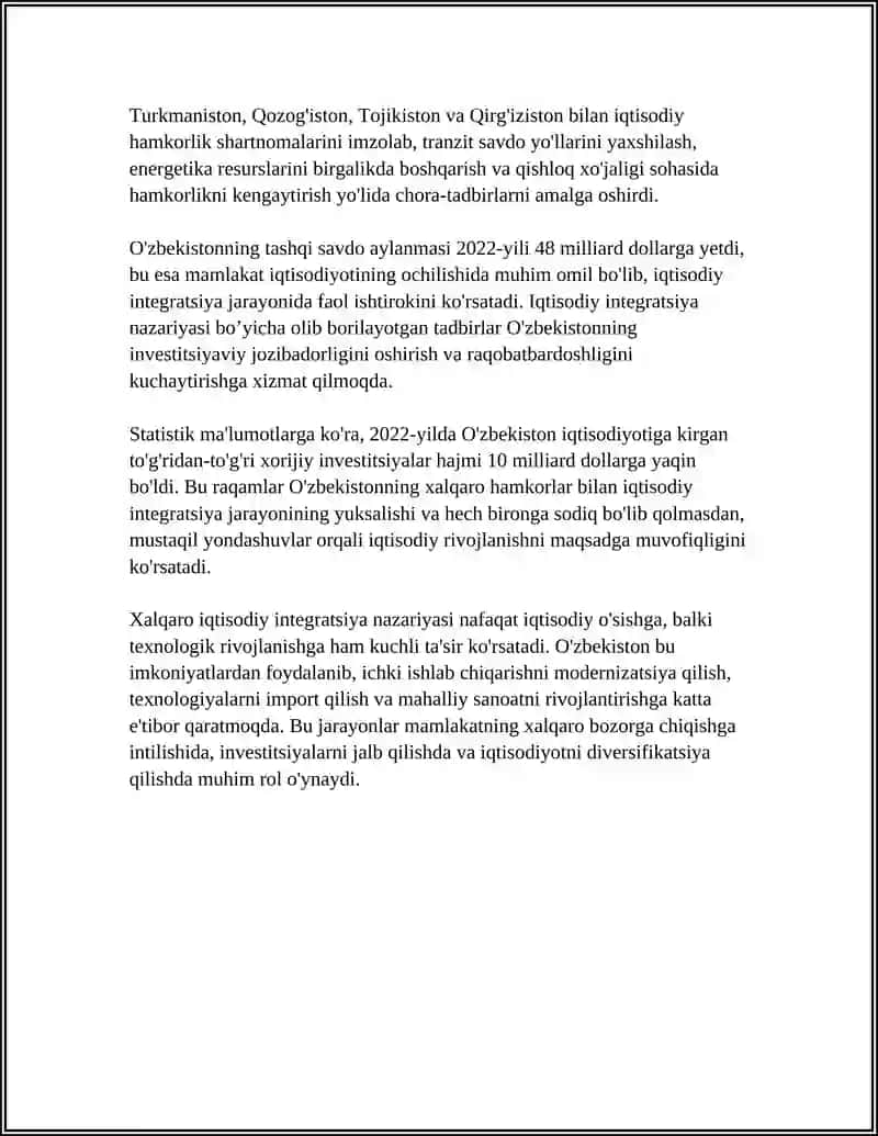Xalqaro Iqtisodiy Integratsiya va O'zbekistonning Jahon Hamjamiyatiga Kirib Kelishi 4