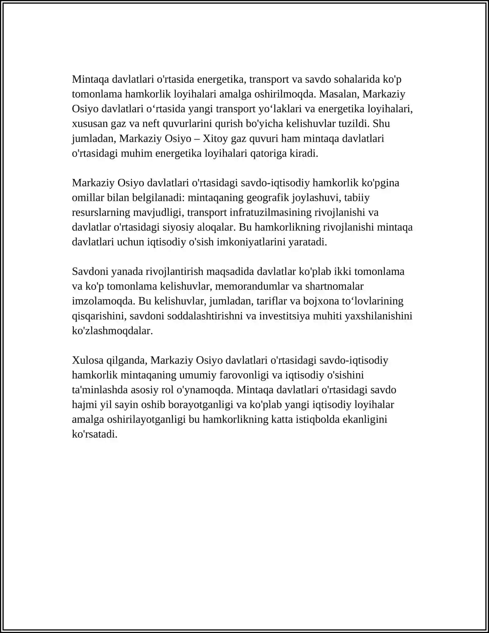 O‘ZBEKISTONNING MARKAZIY OSIYO FAVLATLARI BILAN OʻZARO HAMKORLIK ALOQALARI 4