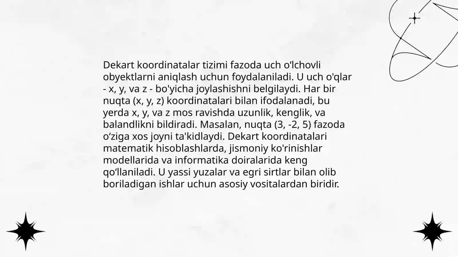 Tekislik va fazodagi Dekart koordinatalar sistemasi va ularning tatbiqi 4