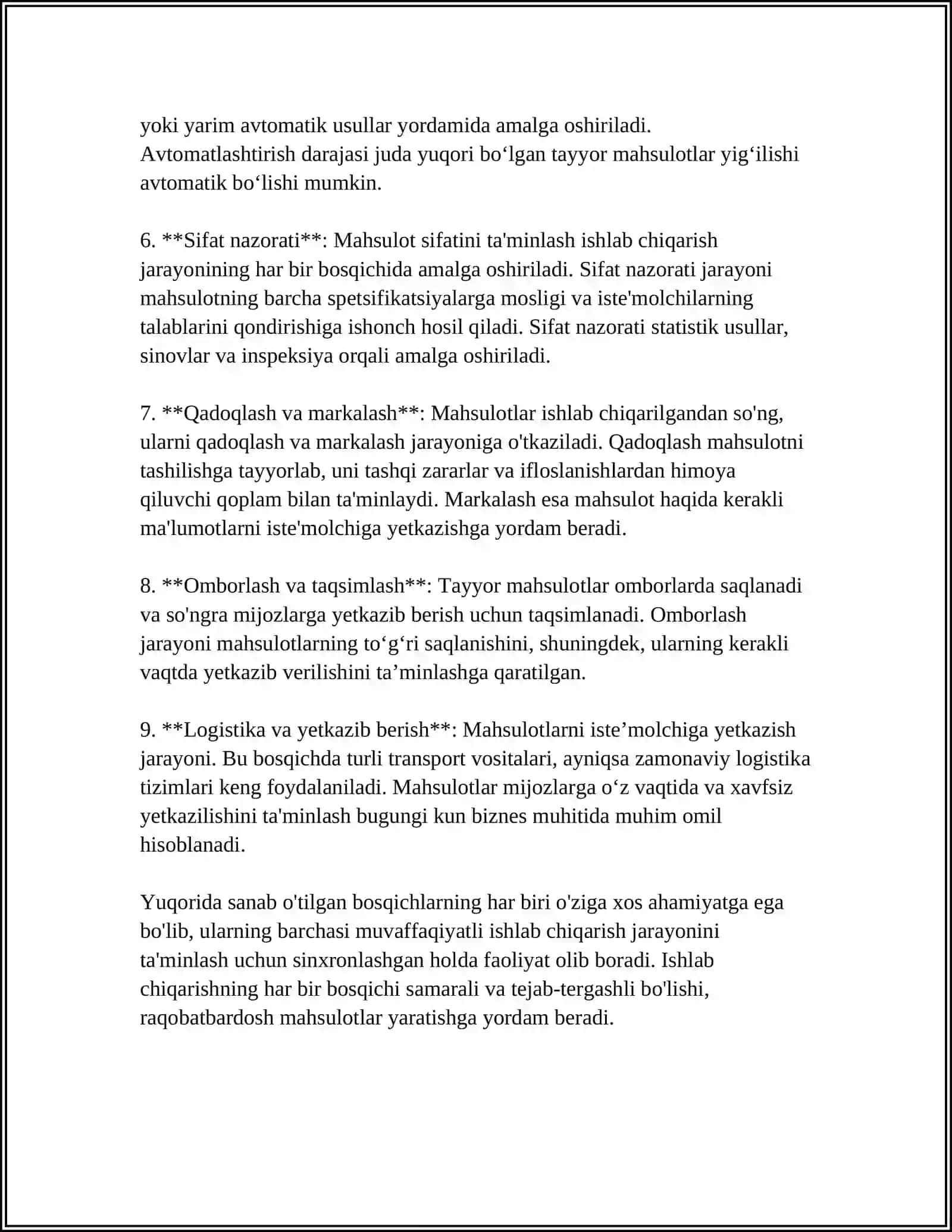 MUSTAQIL ISH Mavzu: ISHLAB CHIQARISH JARAYONI VA UNING NATIJALARI 4