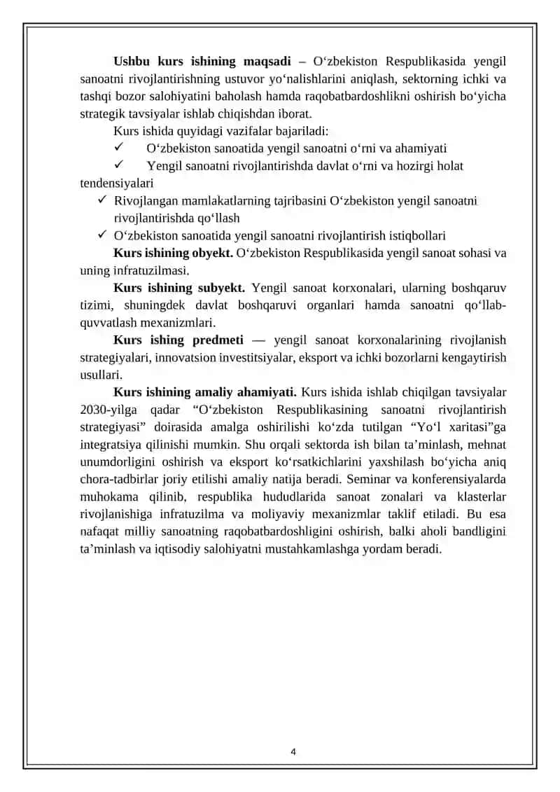 “O‘zbekiston Respublikasida yengil sanoatni rivojlantirish yo‘nalishlari” mavzusida ilmiy ish 4