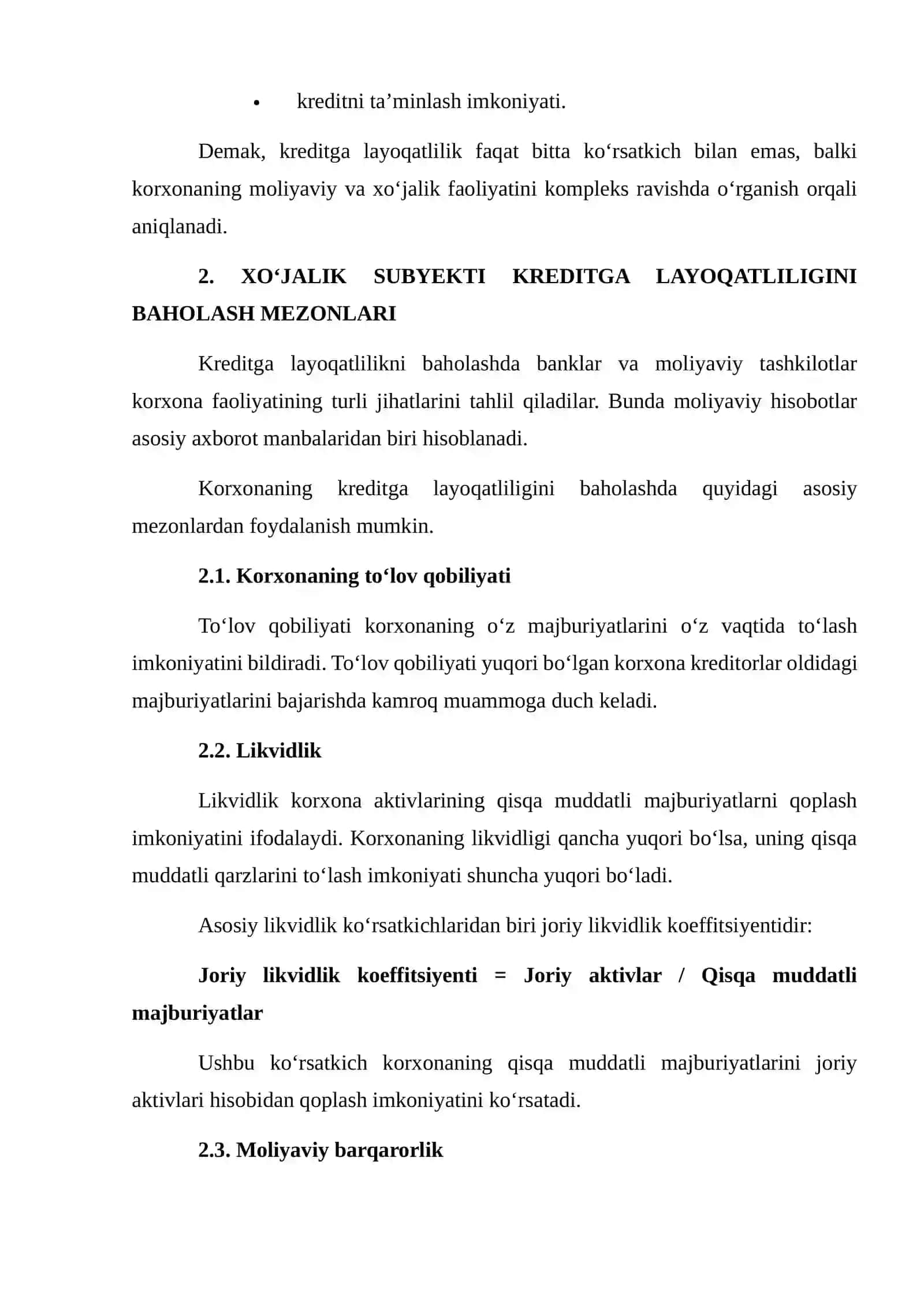 KREDITGA LAYOQATLILIK HOLATI BO‘YICHA XO‘JALIK SUBYEKTI FAOLIYATI TAHLILI 4