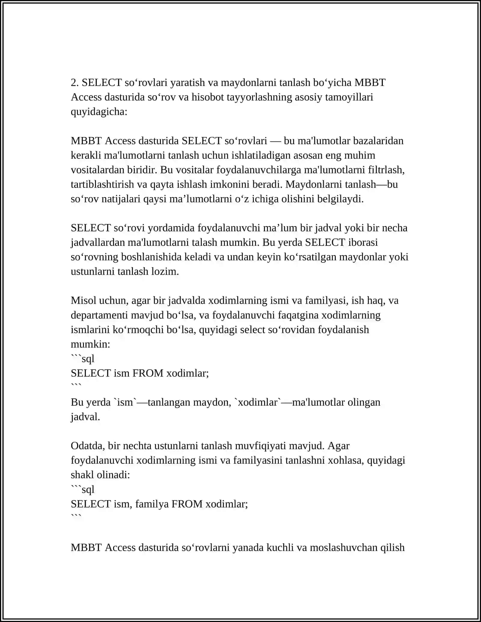 MBBT ACCESS DASTURIDA SOʻROV VA HISOBOT TAYYORLASH 4