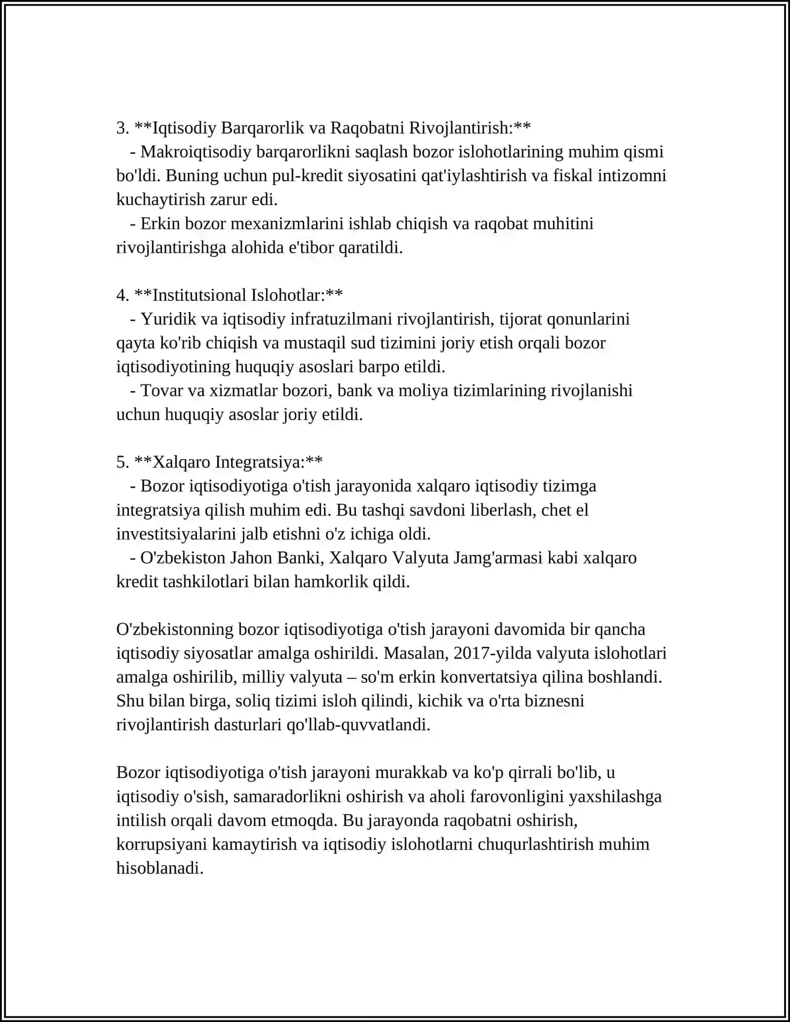 REFERAT Mavzu: BOZOR IQTISODIYOTIGA O‘TILISHI, KICHIK BIZNES VA XUSUSIY TADBIRKORLIKNING RIVOJLANTIRILISHI, MAMLAKATIMIZDAGI IQTISODIY O’SISH 4