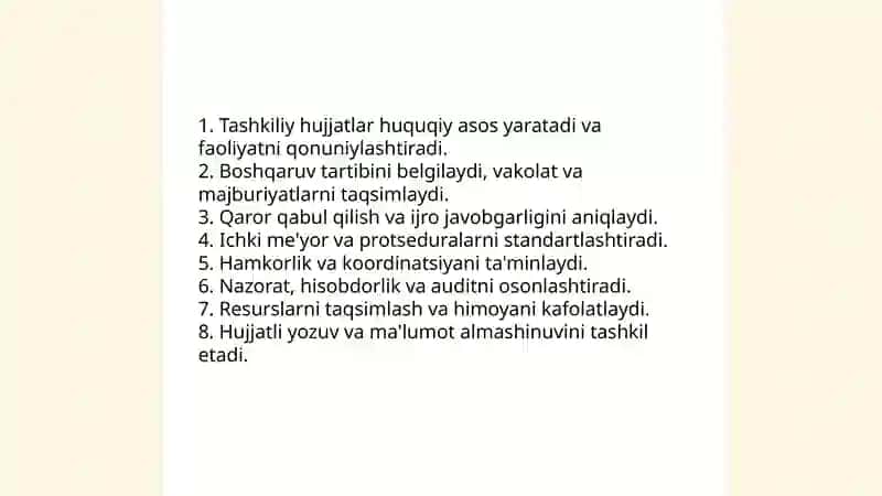 Tashkiliy hujjatlarning vazifasi. Tashkiliy hujjatlarning turlari 4