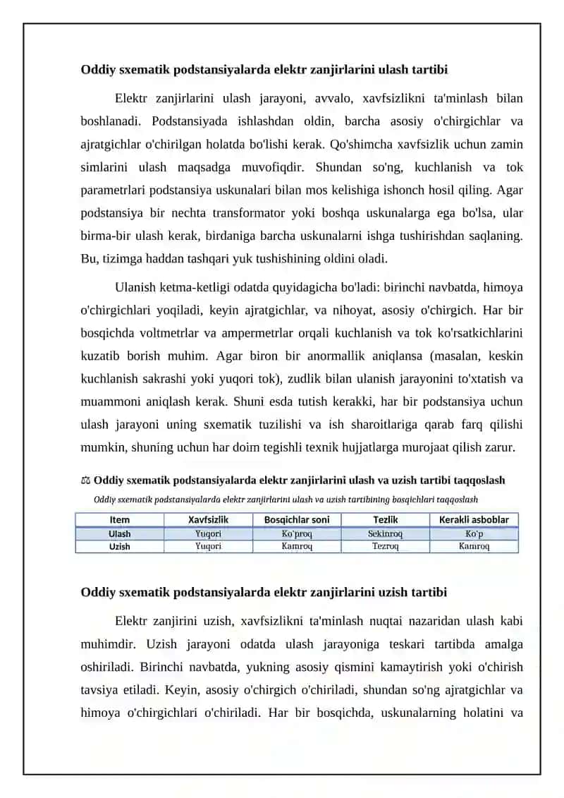 Sodda sxemali podstansiyalarda elektr zanjirlarini ulash va uzishdagi harakatlar ketma-ketligi 4