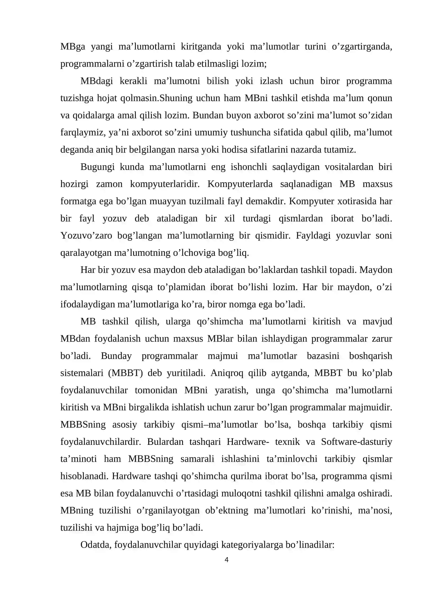 MA’LUMOTLAR BAZASI TEXNOLOGOYALARI FANIDAN KURS ISHI 4