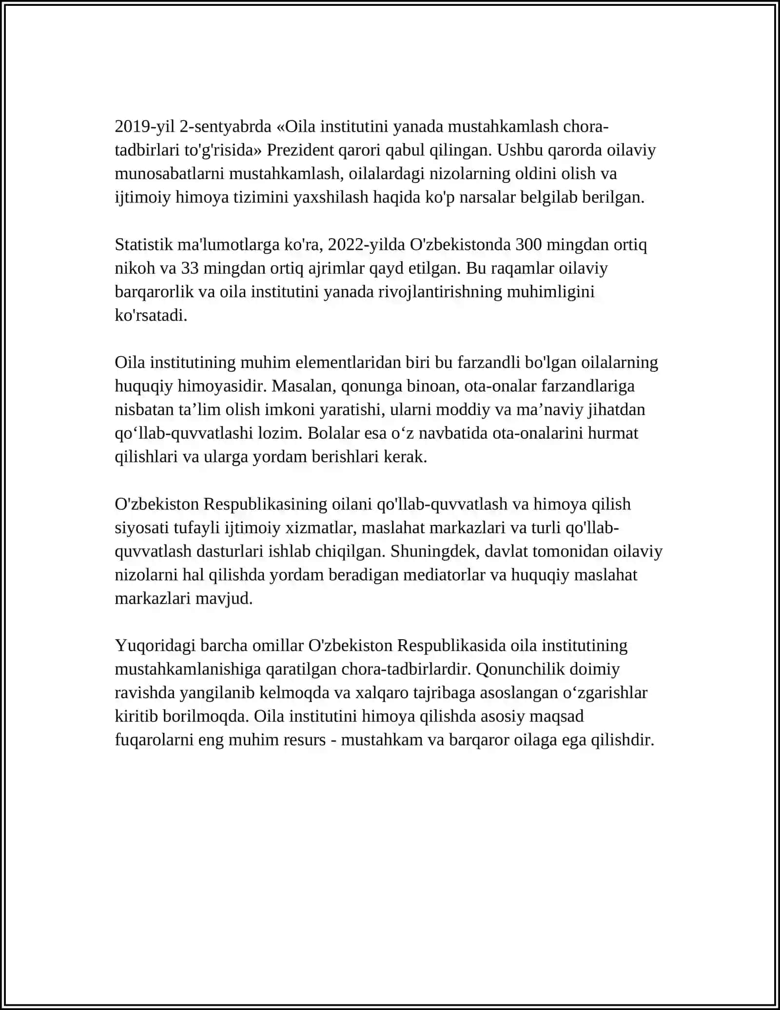 MUSTAQIL ISH Mavzu: OILA, BOLALAR VA YOSHLARGA OID KONSTITUTSIYAVIY HUQUQIY ASOSLARI 4