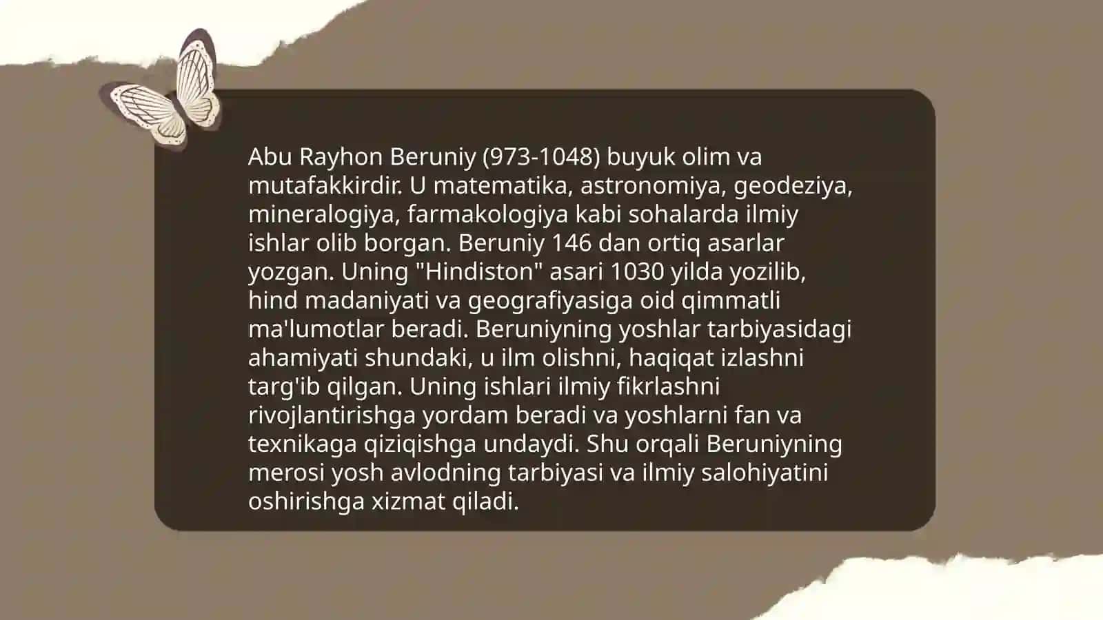 Abu Rayhon Beruniy ilmiy ishlari va yoshlar tarbiyasidagi ahamiyati 4