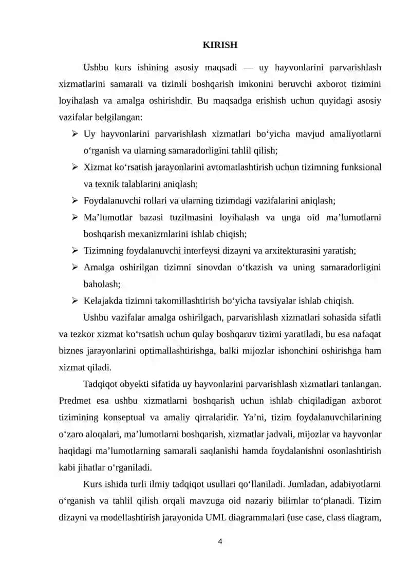 Uy hayvonlarini parvarish qilish xizmatlarini boshqarish tizimi 4