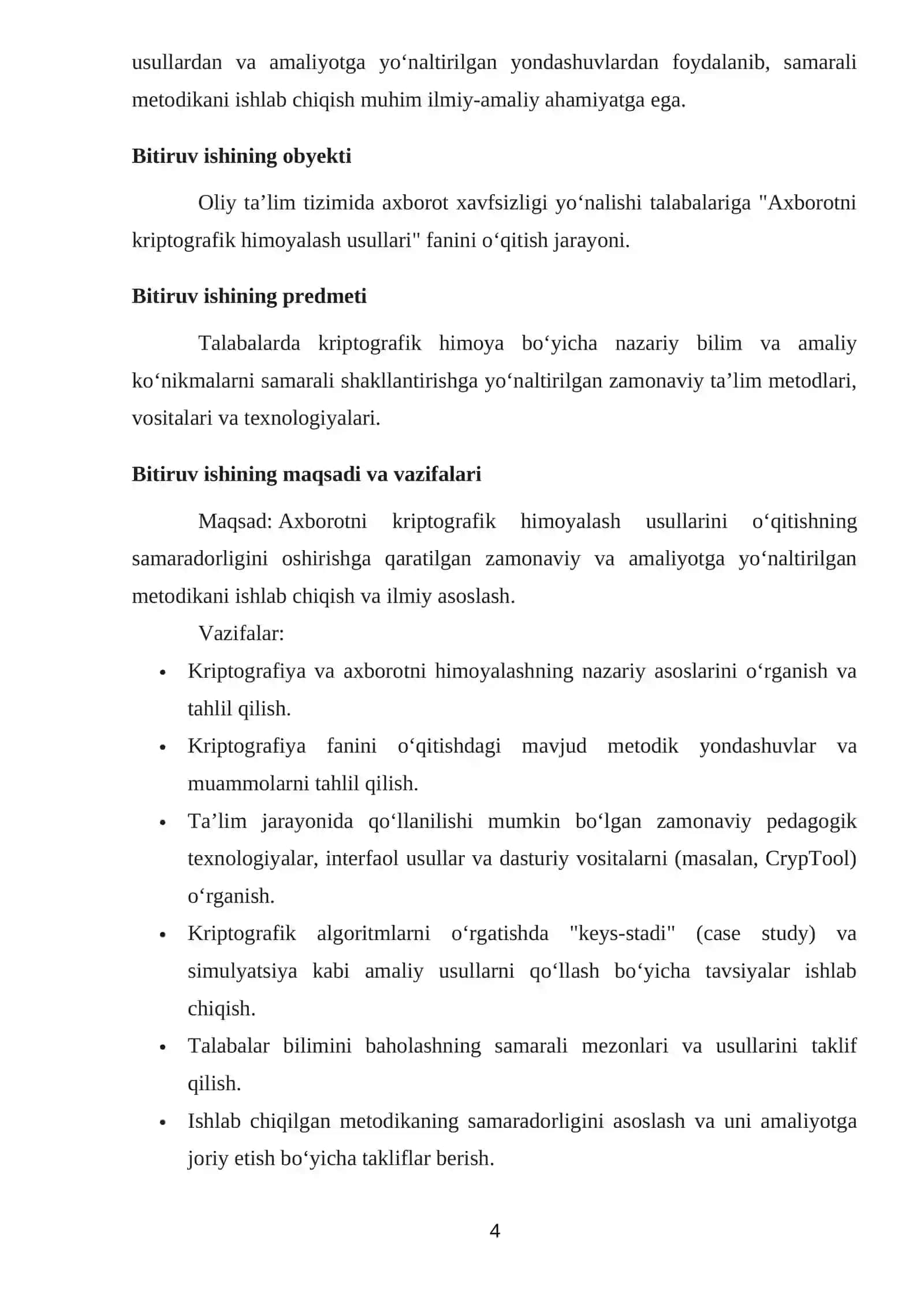Axborotni kiriptografik ximoyalashning usullari Bitiruv malaka ishi 4