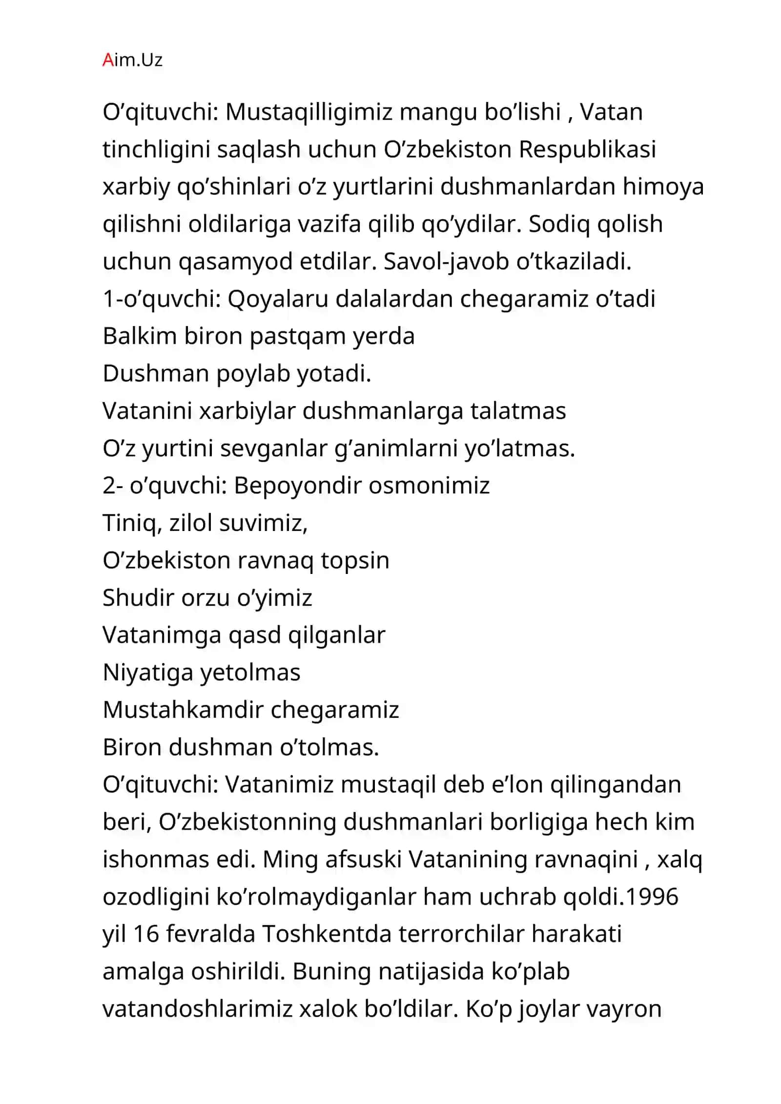 Vatan Himoyachilari Kuniga Bag'ishlangan Tarbiyaviy Soat 4