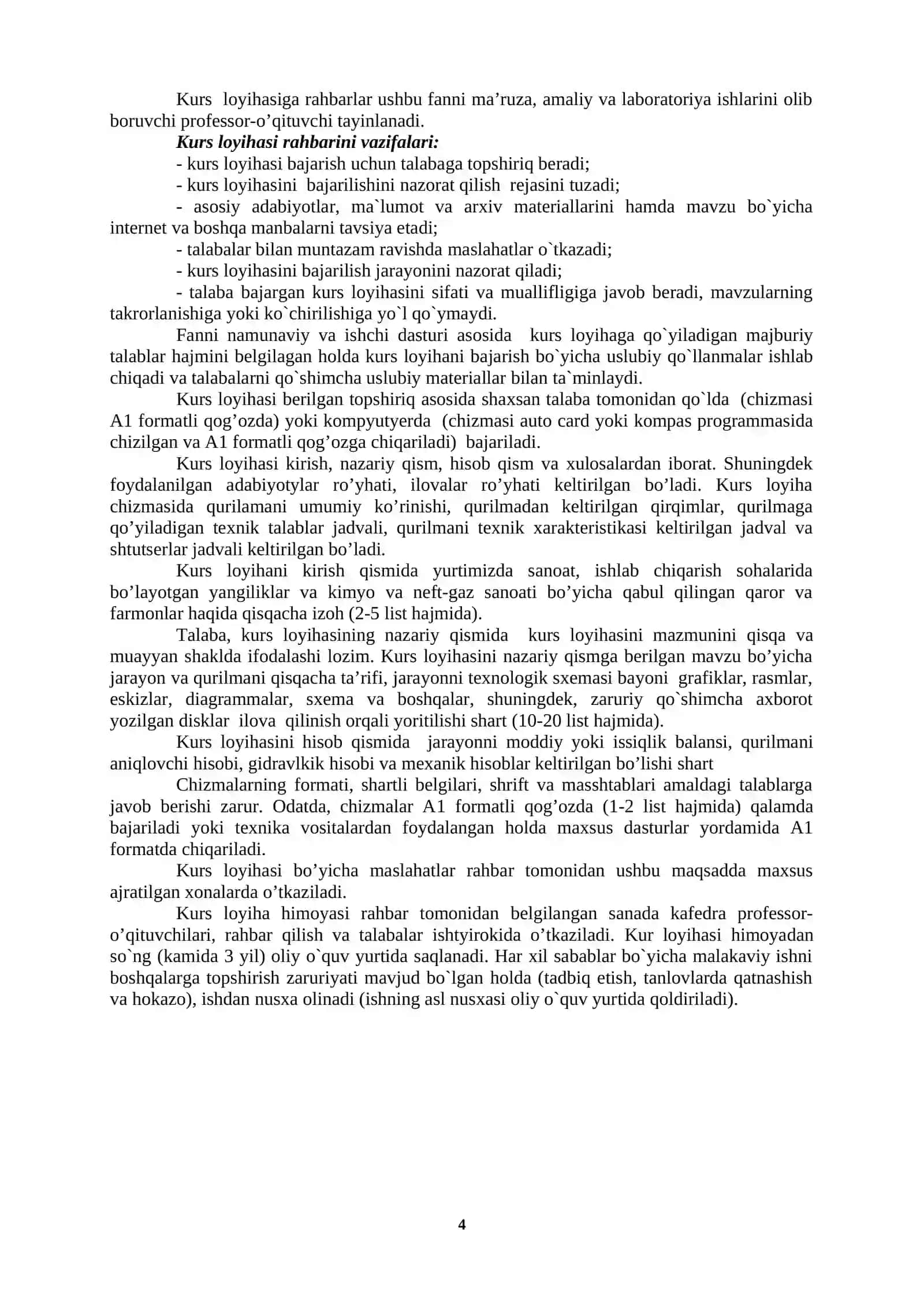 NEFT VA GAZNI QAYTA ISHLASH VA NEFTKIMYOVIY SINTEZ TEXNOLOGIYASI FANIDAN KURS LOYIHASINI BAJARISH BO`YICHA USLUBIY QO’LLANMA 4