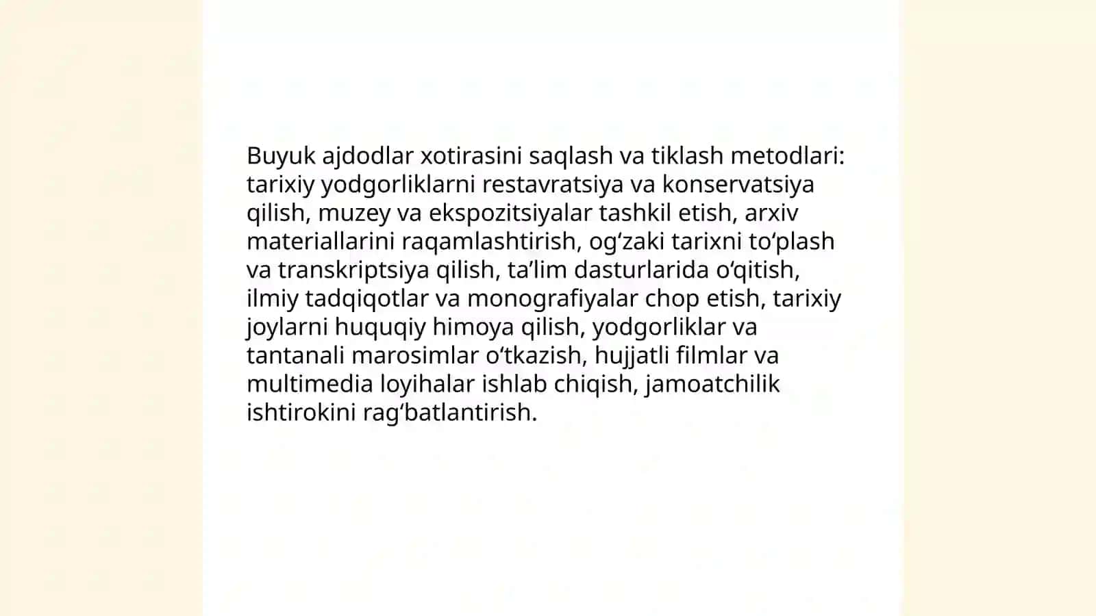 Ma'naviy va tarixiy merosga munosabat. Buyuk ajdodlar xotirasining tiklanishi 4