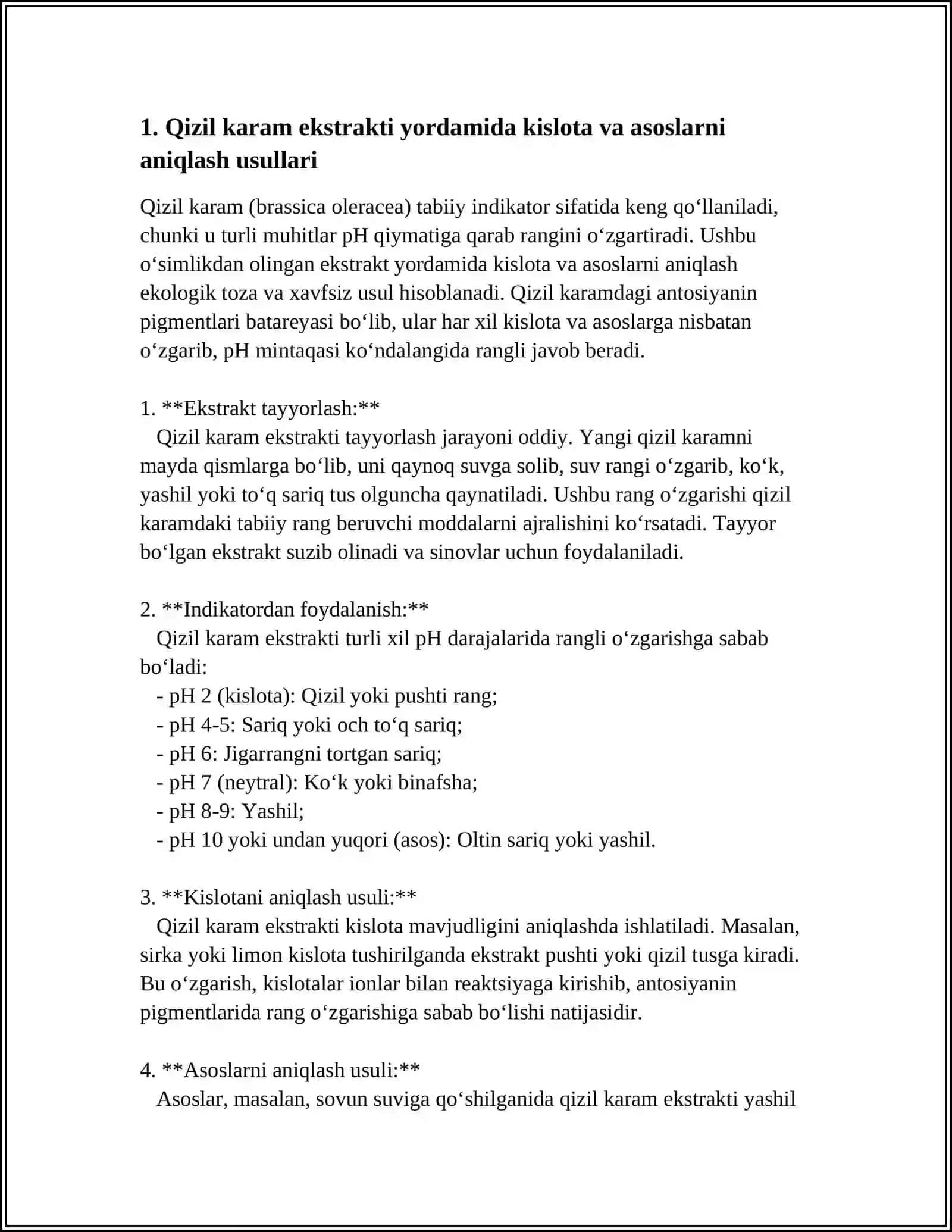 TABIIY ENDIKOTLAR YORDAMIDA KISLOTA VA ASOSLARNI ANIQLASH BOʻYICHA LOYIHA ISHI MAVZUSI 4