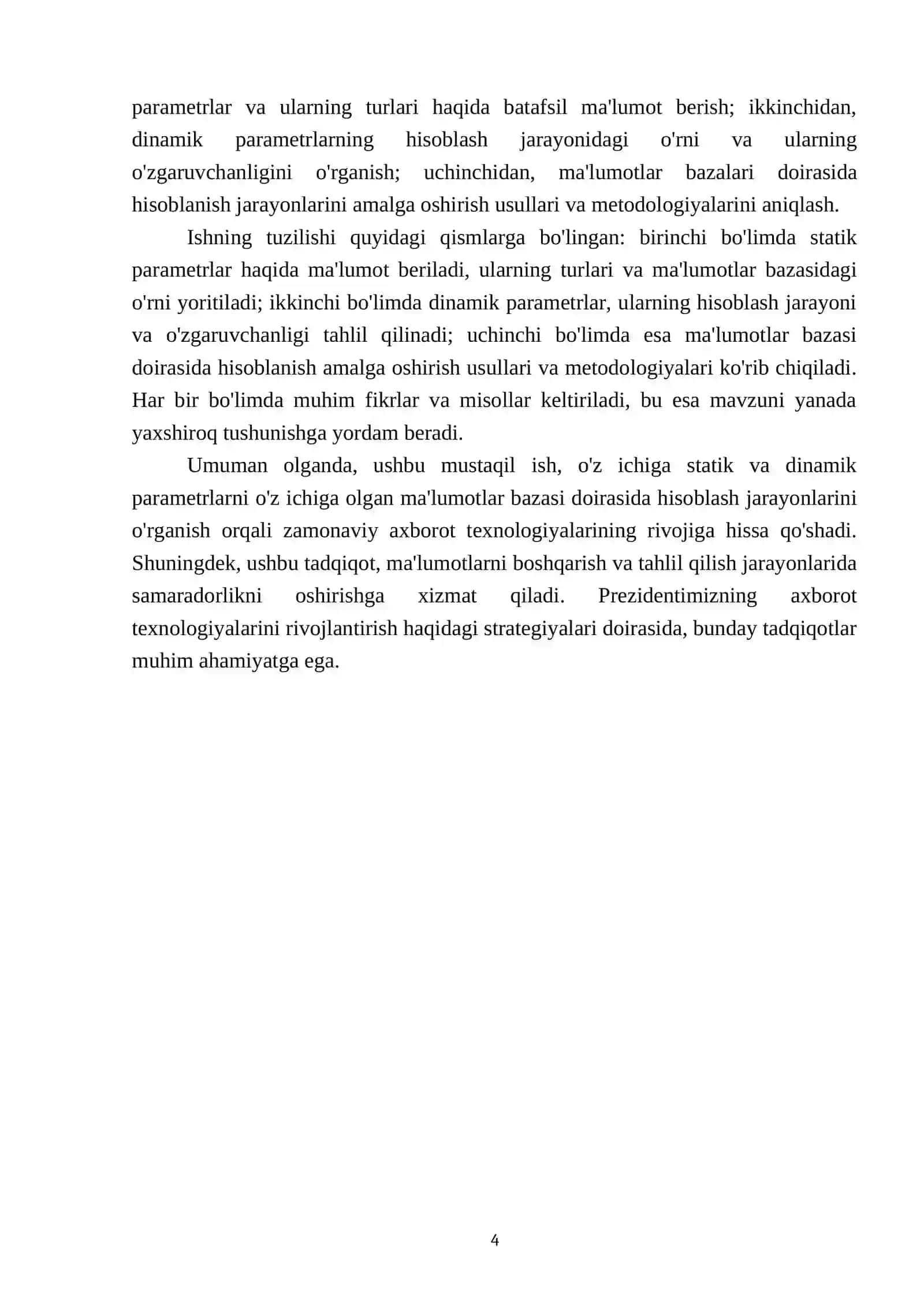 Statik va dinamik parametrlar. Ma'lumotlar bazasi doirasida hisoblanish amalga oshirish 4