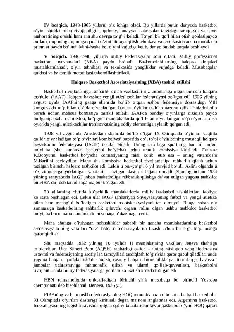 Basketbolni vujudga kelishi, uni jahonda va O’zbekistonda rivojlanishi, bugungi holati va uni rivojlanish istiqboli 4