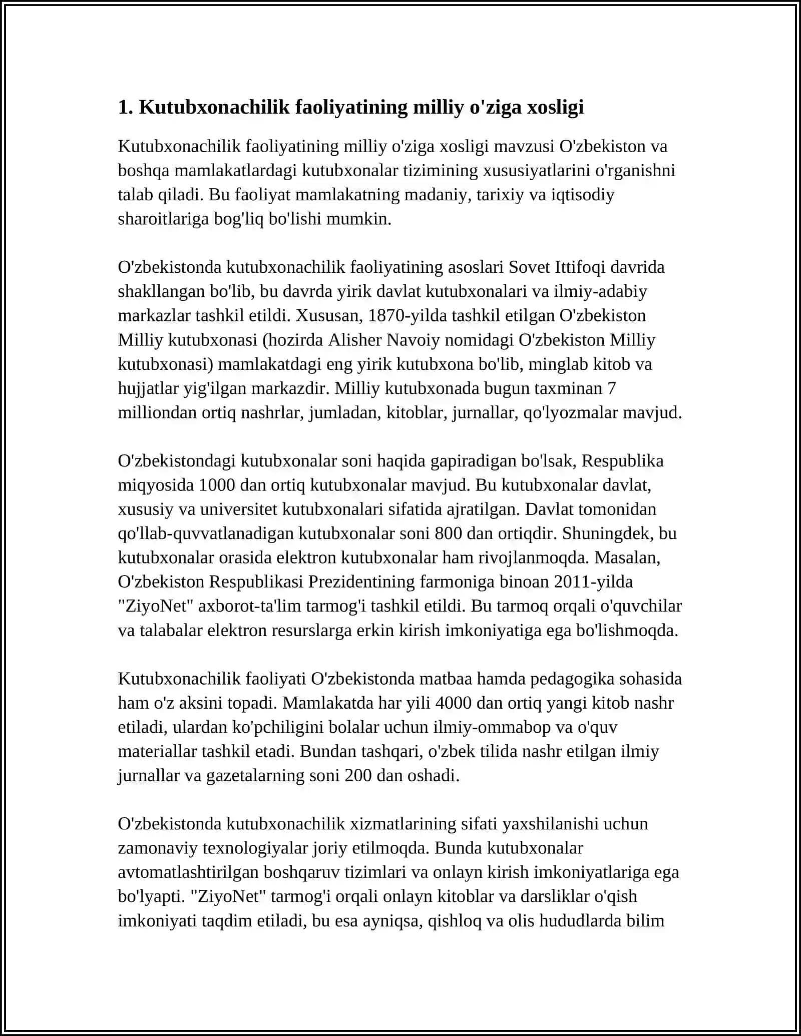 MUSTAQIL ISH Mavzu: ÓZBEKISTONDA KUTUBXONACHILIK ISHINI TASHKIL ETISHNING XUDUDIY XUSUSIYATLARI 4