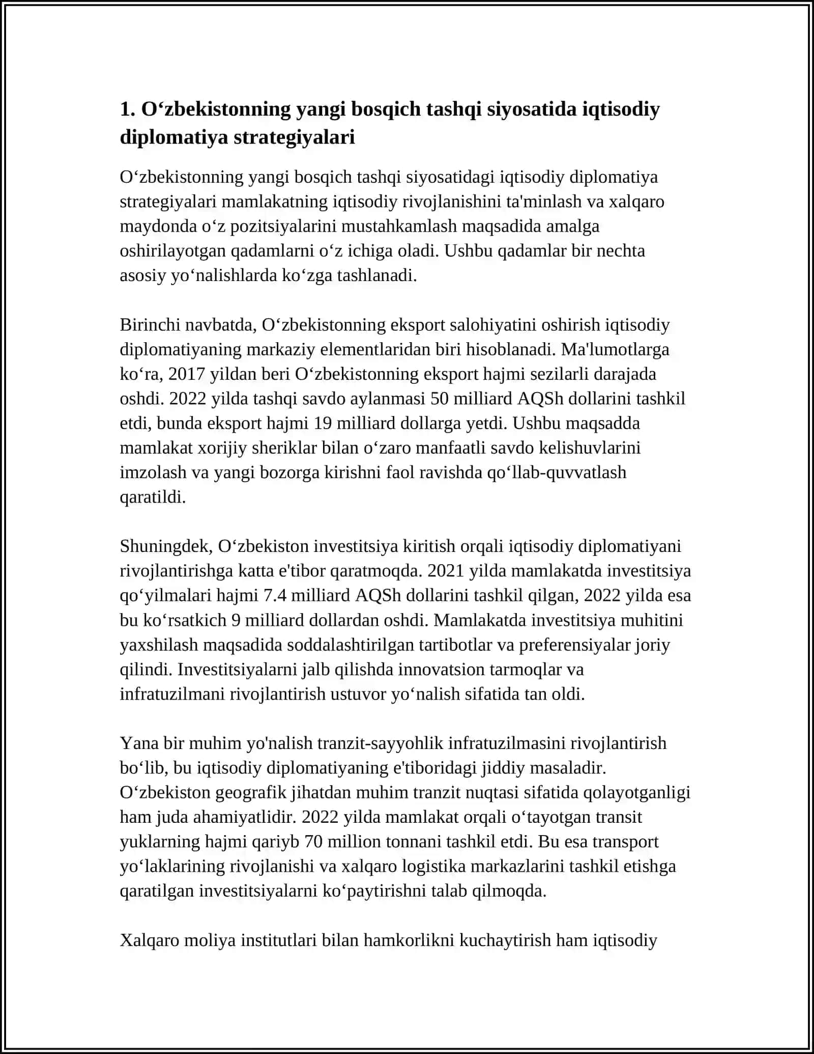 O'zbekistonning yangi bosqich tashqi siyosatida iqtisodiy diplomatiya strategiyalari 4