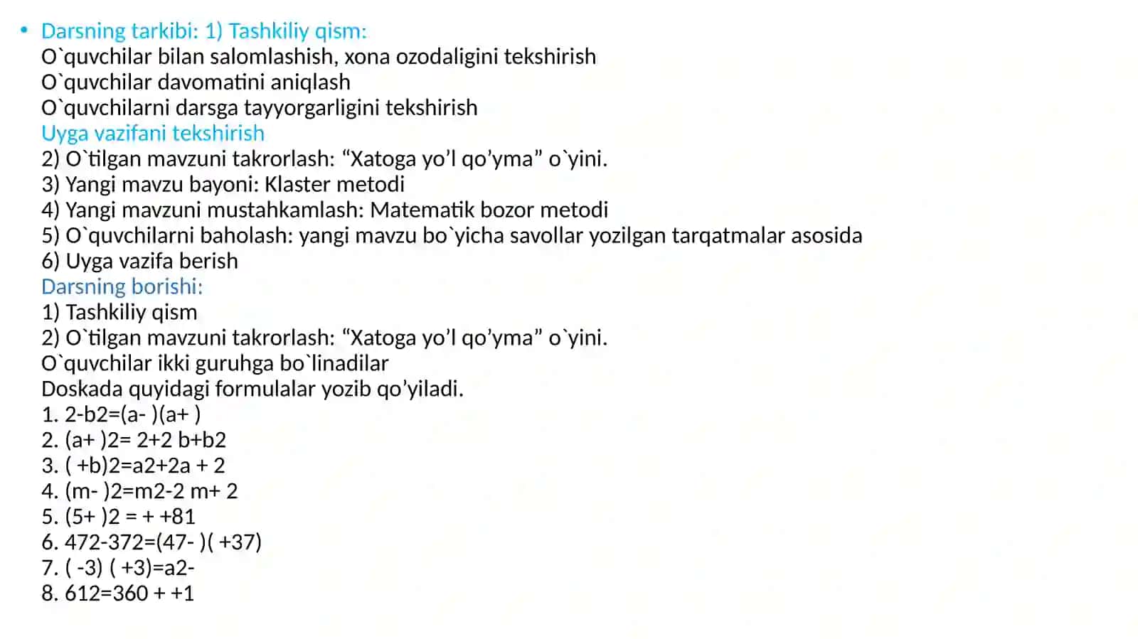 Matematika: Algebraik kasr kasrlarni qisqartirish mavzusidan dars ishlanma 4