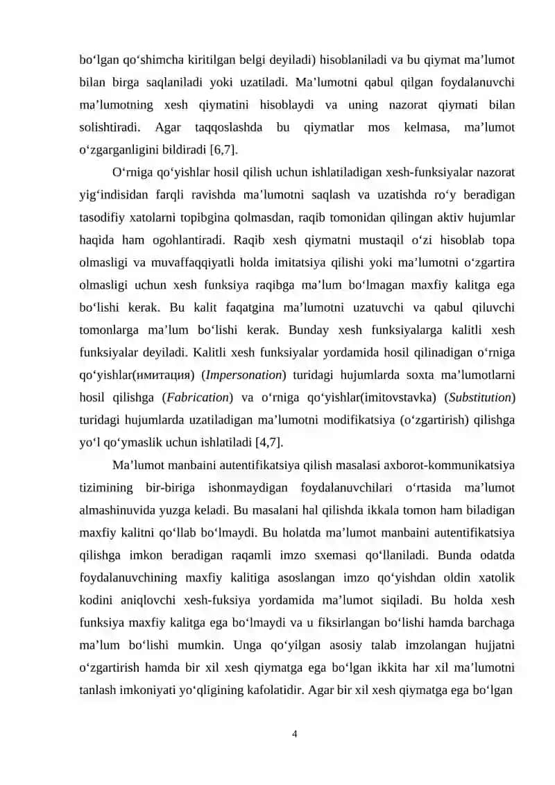 Xesh funksiya va uning axborotni himoyalash masalalarini yechishdagi o‘rni 4