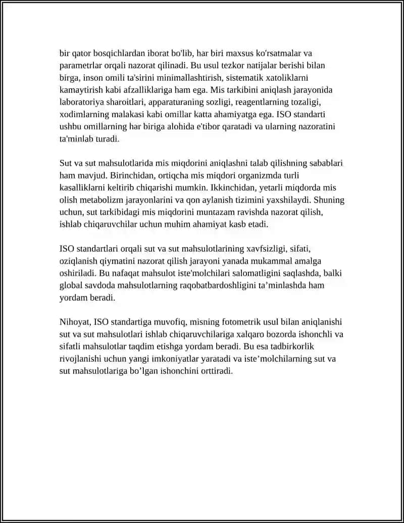 SUT VA SUT MAHSULOTLARI MIS TARKIBINI ANIQLASH FOTOMETRIK USUL(ISO 4