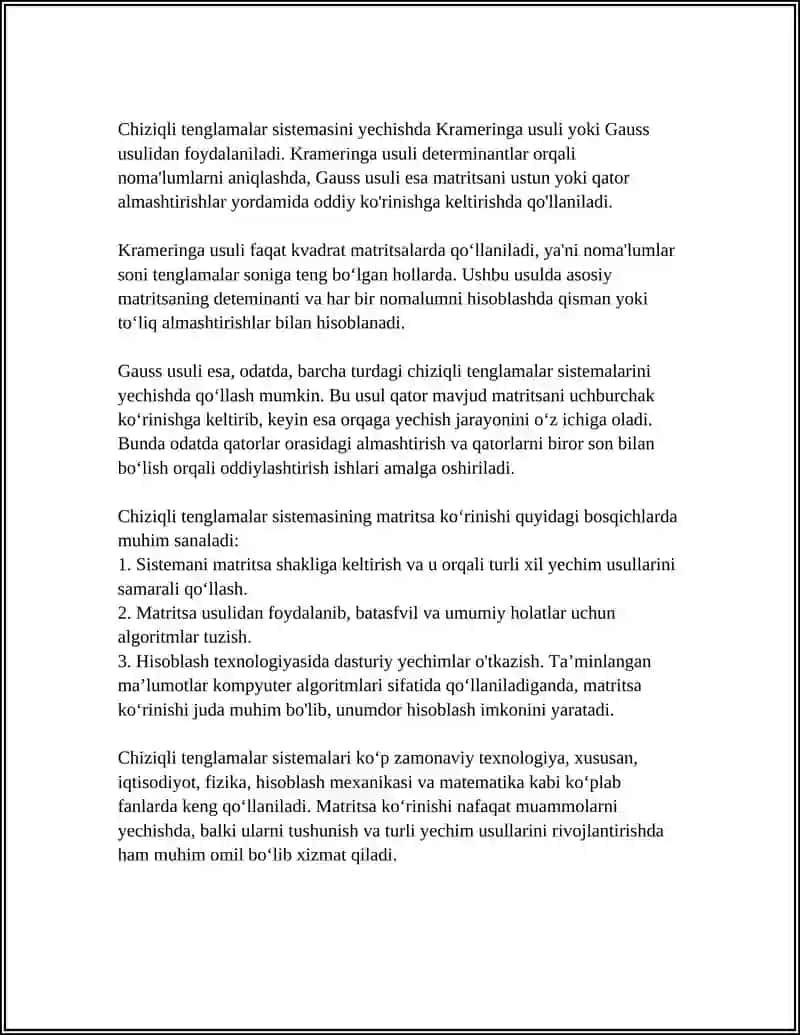 CHIZIQLI TENGLAMALAR SISTEMASINI KRAMER VA GAUSS USULLARIDA YECHISH 4