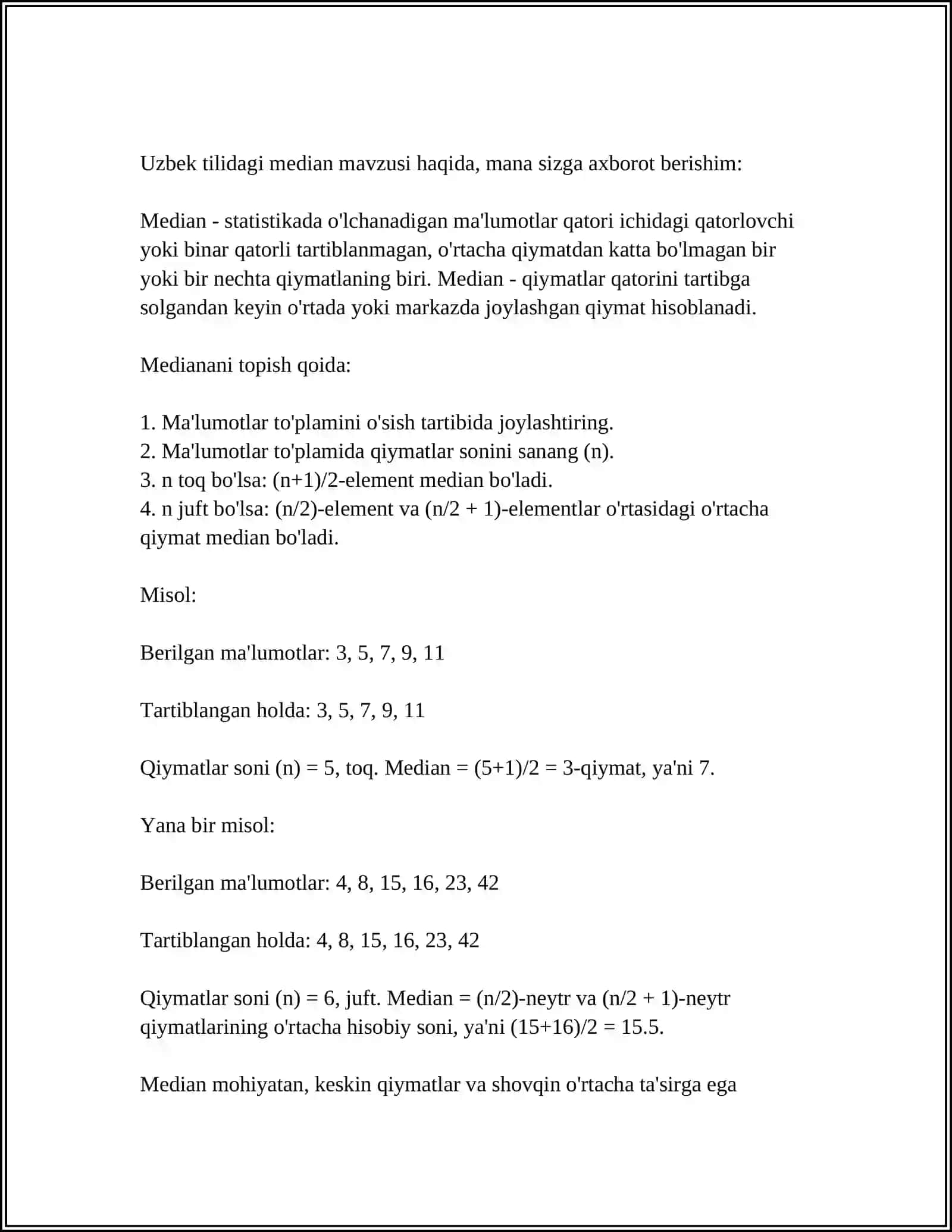 TASODIFIY MIQDORNING SONLI HARAKTERISTIKALARI 4