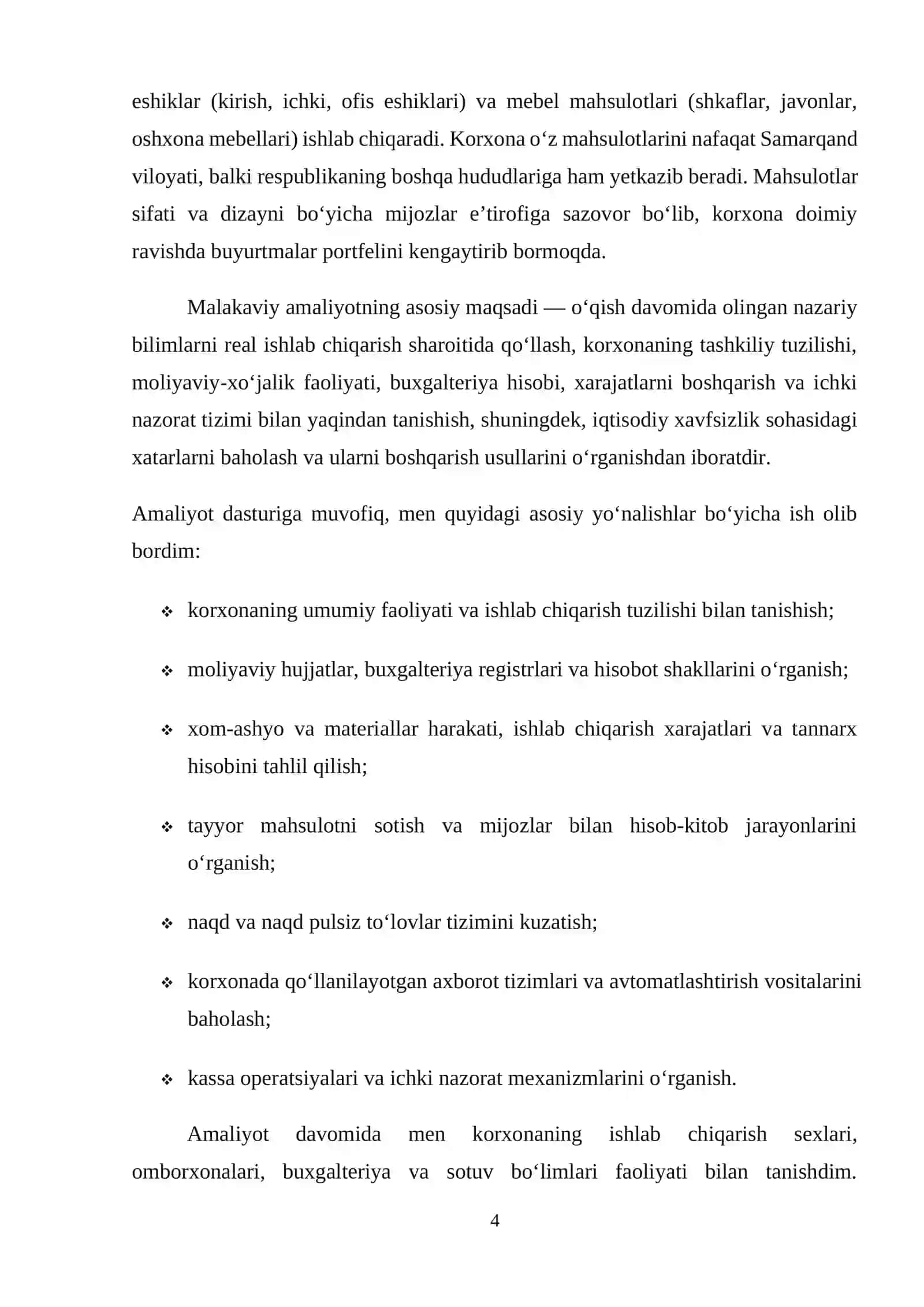 MALAKAVIY AMALIYOT HISOBOTI. faoliyati eshik va mebel mahsulotlarini ishlab chiqarish. 4