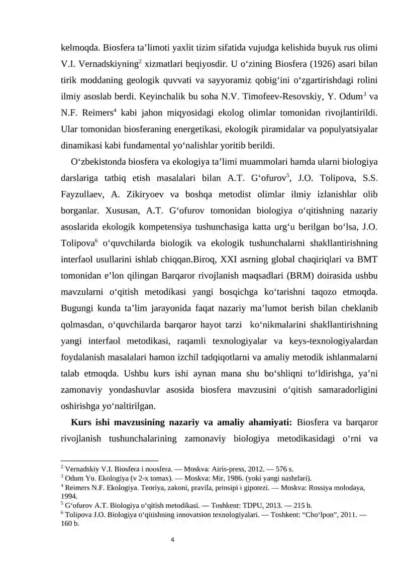 Biosfera va barqaror rivojlanish mavzusini o‘qitish kurs ishi 4