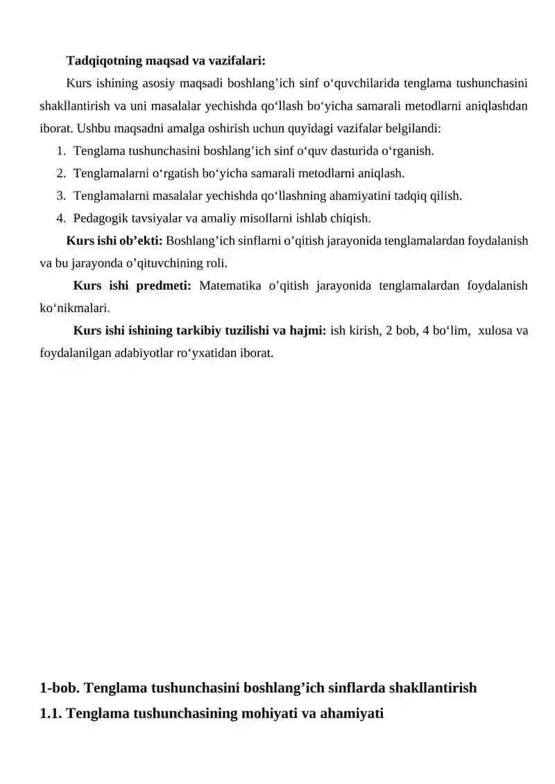 Boshlang'ich sinflarda matematika o'qitishda tenglama tushunchasini o'rgatish metodikasi kurs ishi 4