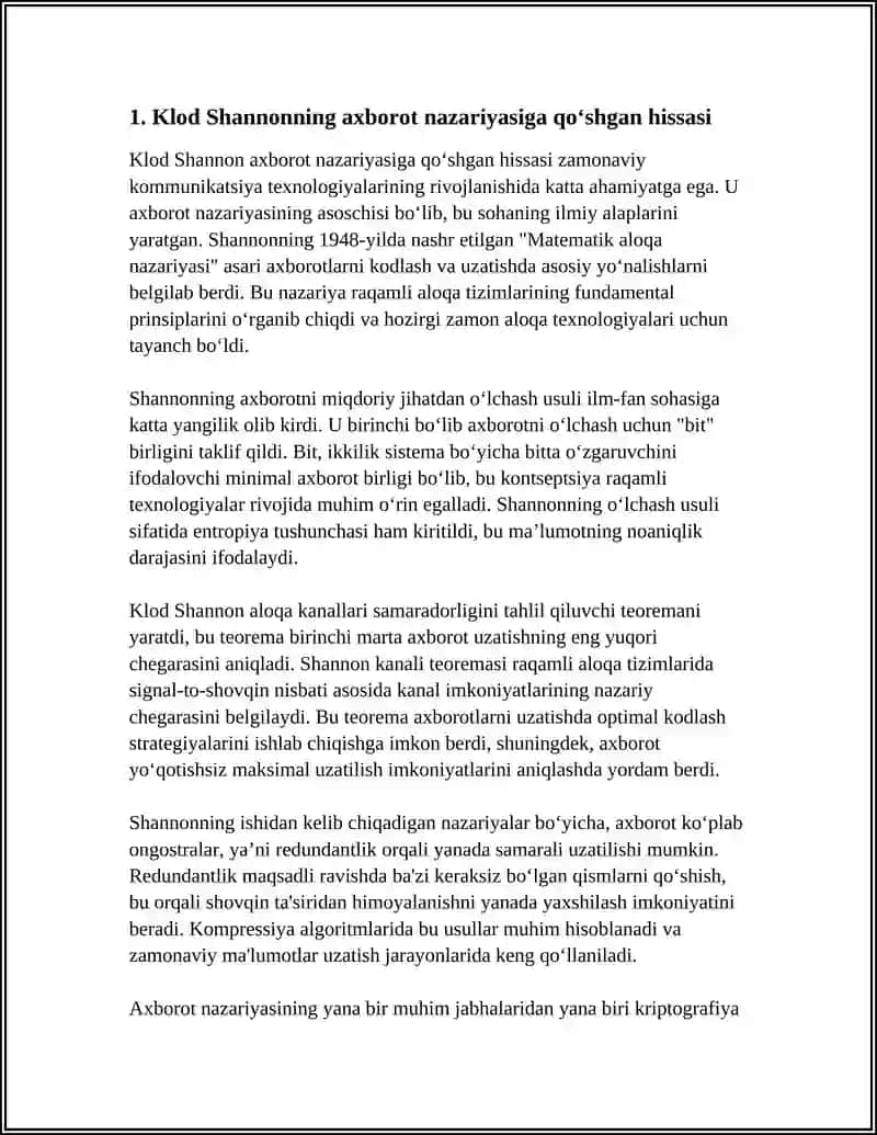 Klod Shannonning axborot nazariyasiga qoʻshgan hissasi 4