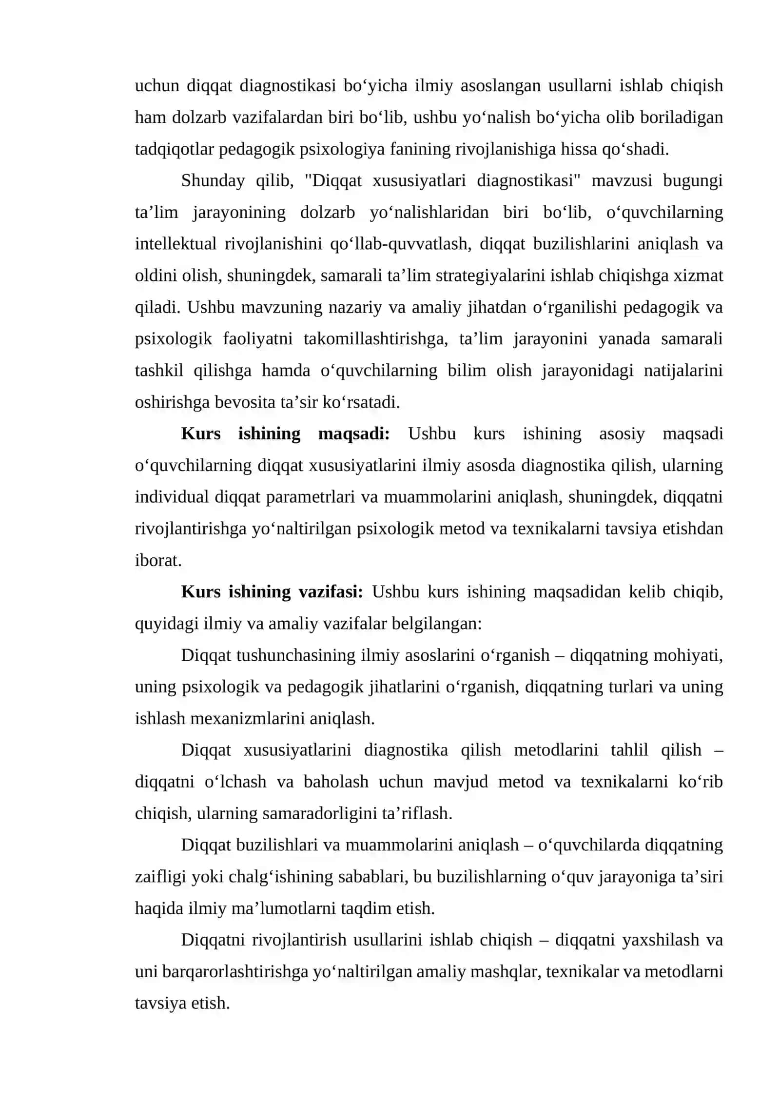 Diqqat xususiyatlari diagnostikasi mavzusidagi kurs ishi 4