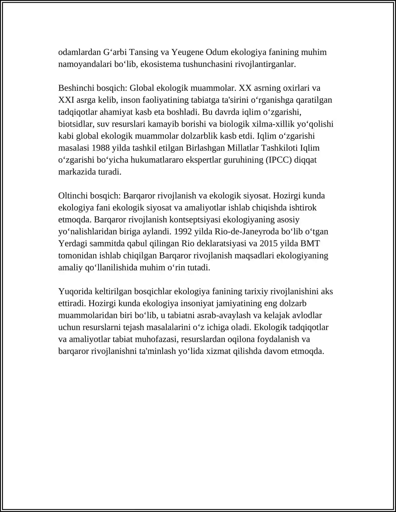 EKOLOGIYA FANI RIVOJLANISH BOSQICHLARI, VAZIFALARI VA TADQIQOT USULLARI 4