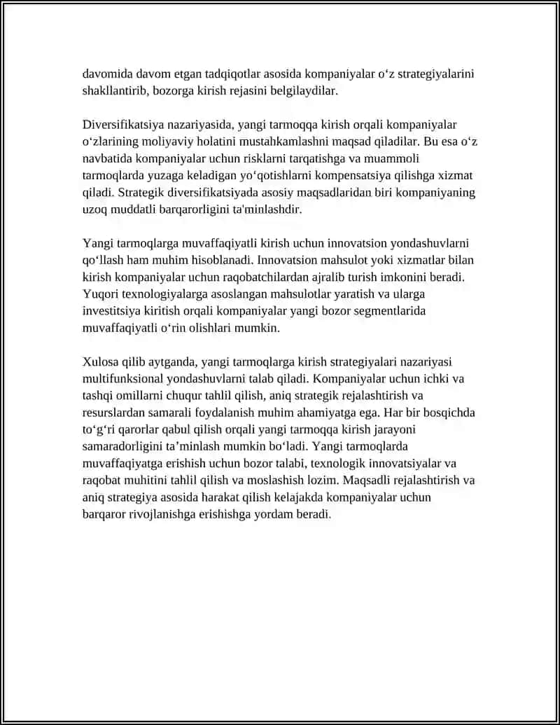 YANGI TARMOQLARGA KIRISH VA TURDOSH TARMOQLARGA DIVESIFIKATSIYALASH STRATEGIYASI 4